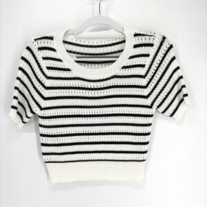 Commense Women's Sweater Womens Small Black White Stripe Cropped Open Knit